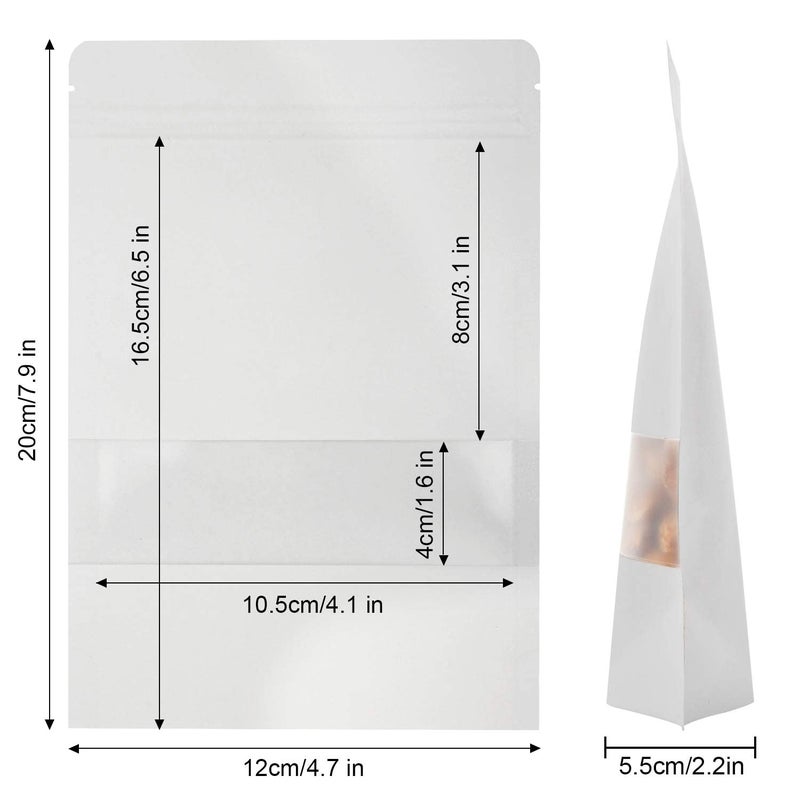 Blisstime 50 Pieces Resealable Bags for Small Business, White Kraft paper Stand Up Pouches with Matte Window Reusable Heat Sealable Bags for Packaging (4.7 X 7.9 Inches) - Image 3